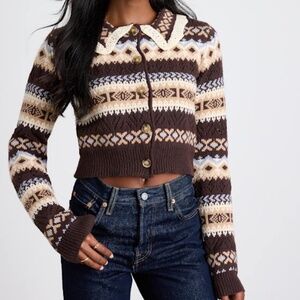 Lulus Morey Brown Fair Isle Collared Button-up Cardigan - Size S